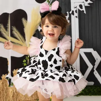 0-4Y de Criança de Bebê Meninas Romper do Vestido Infantil de Vaca Impressão de Tule Roupas de Recém-nascido sem Mangas Tutu Vestidos de Festa Desempenho Roupas