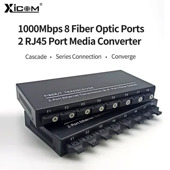 100/1000M Gigabit Ethernet em Fibra de Switch 8*1,25 G de Fibra Porta 2 Porta RJ45 Conversor de Mídia 20KM SC de Modo Único Transceptor Óptico