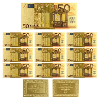 10pcs/lot Folha de Ouro 24k Chapeado de 50 Euros Notas de Banco em Cores, Ouro de Notas de Papel-moeda de Casamento de Retorno de Dom