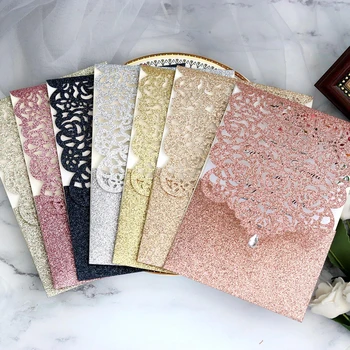 10pcs Pérola de Negócios de papel Convite Glitter Calado Bolso Rosa Lace Cartão de Convite de Casamento Convite Universal