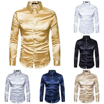 2022 Nova Camisa De Seda Homens De Cetim Liso Homens Sólido Smoking De Negócios Camisa De Homens Casual Slim Fit Ouro Brilhante Vestido De Noiva Camisas