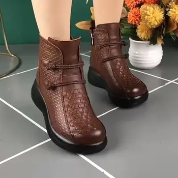 2022 Novo Outono e Inverno Grosso Calcanhar Ankle Boots de Mulheres Quentes, Botas Sapatos Artesanais de Moda fecho de correr do Lado Retro Botas