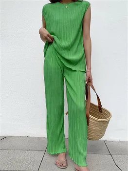 2022 Verão Nova Retro Lazer Plissado Colete Calças Definir a Moda Verde Plissado de Duas peças de Conjunto de Mulheres Sportswear, Interior de Mulheres Pantsuit