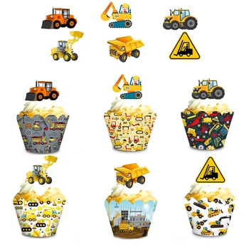 24pcs Caixa de Construção de Veículo de Cupcake Wrappers Bolo Toppers para as Crianças do Menino Construção de uma Festa de Aniversário de Decoração DIY de Artesanato