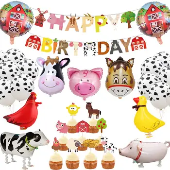31Pcs Animais de Aniversário, Decoração de Fazenda Fonte do Partido Vaca Balão Garota Andando Bola de Cupcake Topper Feliz Aniversário Banner