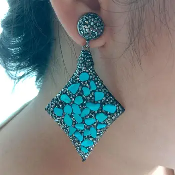 40x57MM Azul howlite Preto Cristal Pavimenta dangle Brincos de estilo geométrico para as mulheres