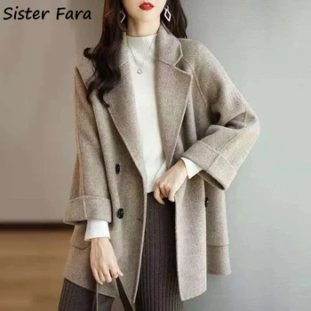 A irmã Fara 2022 Outono Inverno Elegante Cashmere Jaqueta, Casaco de Mulheres Double Breasted Casual Trincheira Senhoras Solta Trench Coat