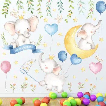Adesivos de parede com fotos de elefantinho balões lua estilo de pintura para sala de estar, sala de crianças, bebê, adesivo de parede, g