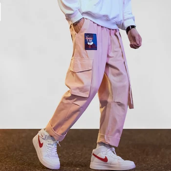 Aelfric Eden Streetwear Hip Hop Carga Calças Homens Mulheres Faixa De Opções Do Bordado Da Letra Japonesa Corredores De Calças Casuais Harém Calças Cor-De-Rosa