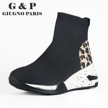 Alta superior a meia sapatos das mulheres, plataforma de tênis de senhoras causal moda meia malha tênis slip on leopard superior marca de designer