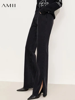 Amii Minimalismo Outono Calças De Cintura Alta Para As Mulheres A Moda Dividir Black Jeans Casual Reta Calças Jeans Feminino Calças 12140992
