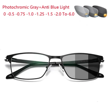 Anti Luz Azul E Sol Fotossensíveis Quadrado Cinza Prescrição De Óculos De Metal Homens De Poder Espetáculos 0 -0.5 -0.75 -1.0 Para -6.0