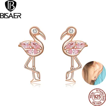 BISAER Flamingos Stud Brinco de Prata 925 Requintado cor-de-Rosa Zircão Animal Brincos Para Mulheres de Festa de Casamento Jóias Finas