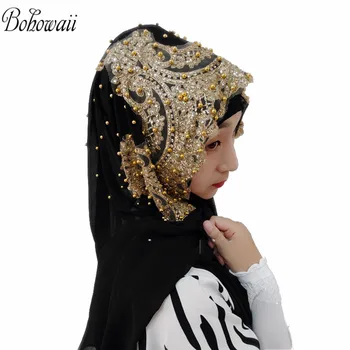 BOHOWAII Muçulmano Jersey Hijab 25colors Femme Musulman Ouro, Diamantes Lantejoulas Longo Cachecol Hijabs Hoofddoek Moda Chiffon Turbante