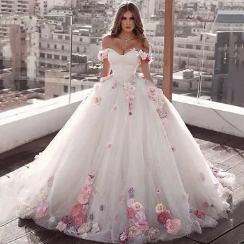 Bola Vestido de Noiva Vestidos de 2021 Querida Off Ombro Flor-de-Rosa Vestido de Noiva Trem da Varredura Plus Size veste de soirée de mariage