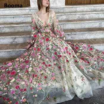 Booma Bordado Floral Lace Maxi Vestidos De Baile Decote Em V, Mangas Compridas Do Assoalho-Comprimento De Uma Linha De Casamento Vestidos De Festa 2022 Vestidos De Noite