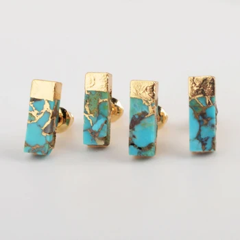 BOROSA 5/10Pairs Banhado a Ouro Triângulo de Cobre, Turquesa Stud Earringss Natural de Pedra Azul Brincos para Mulheres G1986