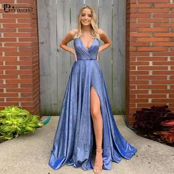 Brilhante Profundo Decote Em V Azul Prom Vestidos Longos De Alças Finas A Linha De Piso Comprimento De Divisão Sexy Vestido De Noite Formal Vestido De Festa 2021