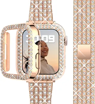 Caso+de Diamante, alça para Apple faixa de relógio de 40mm 41 38 45 44 mm 42 mm 38 mm e pulseira de Metal iWatch Serie 3 4 5 6 se 7 pulseira