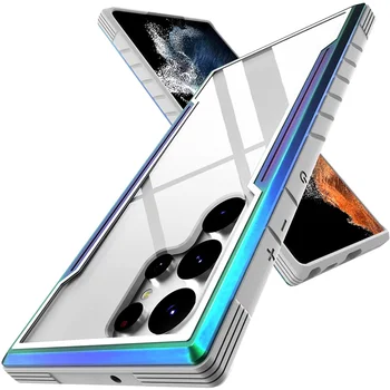 Concebido para Samsung Galaxy S22 Ultra Caso S22 Plus Metal Moldura de Alumínio Anodizado+Flexível de TPU+PC à prova de Choque Traseira Tampa transparente