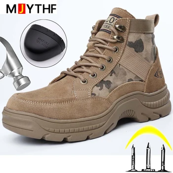 Couro genuíno Homens a Segurança do Trabalho, Botas de biqueira de Aço Indestrutível Sapatos de Camuflagem Militar Botas de Furos de segurança à Prova de Sapatos
