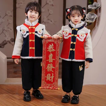 Crianças De Estilo Chinês Tradicional Hanfu Traje Crianças Tang Terno De Inverno De Meninos Meninas Rapazes Raparigas Conjuntos De Roupas De Dança Do Leão De Ano Novo De Roupa
