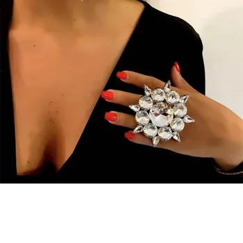 Cristal Ajustável de grandes dimensões Grandes Redonda Aberta Anéis de Mostrar Jewely para as Mulheres Strass Geométricas Anel de Casamento Acessórios