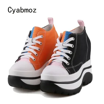 Cyabmoz Sapatos de Lona Mulher Tênis de salto Alto Bombas de aumento da Altura mistura de cores Plataforma de Moda Casual Mulheres Sapatos de Senhoras