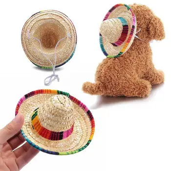 Cão Traje de Suprimentos Sombrero Pet Cachorro Gato do Chapéu de Palha Cão de Palha Palha Mexicano Ornamentos Gato de Estimação Sombrero Pet Colorido Chapéu E0R9