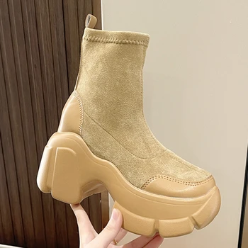Dedo Do Pé Redondo Botas De Mulheres 2023 Sapatos De Luxo Designer Outono Senhoras Tornozelo Moda Básica Botas Plataforma Mujer De Inverno De Borracha