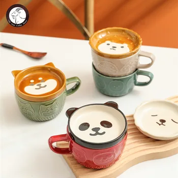 Desenho animado japonês Gato Animal Caneca de Cerâmica com Tampa do Copo de Café, Copo de Café da manhã Copa do Aluno Copo de Leite