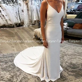 Eeqasn Elegante de Cetim com decote em V Vestido de Noiva Sereia 2022 Boho Vestidos de Noiva sem encosto Vestido de noiva Plus size Vestidos de Noiva