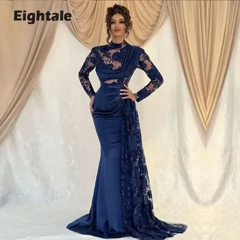 Eightale árabe Vestidos de Noite, com Gola Alta, Mangas compridas de Renda Sereia Vestido de Baile de Cetim Celebridade Vestido de Festa abendkleider 2022