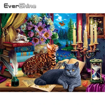 EverShine 5D DIY Diamante Pintura Gato DIY Imagem Bordado de Diamante Animal Completo Quadrado Strass Janela de Arte de Parede