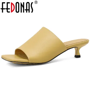 FEDONAS Mulheres Sandálias Peep Toe de Salto Alto, Chinelos de Verão, Moda Concisa de Couro Genuíno Partido Senhoras Casuais Sapatos de Mulher 0