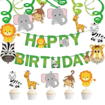 Folha verde animal aniversário puxe a bandeira animais dos desenhos animados girafa elefante, zebra folha de alumínio balão de aniversário faixa de bolo de cartão fores