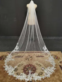 Fotos reais do Vintage Véu de Noiva, com Pérolas, Paetês Apliques de Renda Pérola Véu com Pente de 1 Camada de Véu de Noiva Acessórios do Casamento