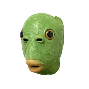 Halloween Máscara de Animal Engraçado Brinquedo Verde da Cabeça do Peixe de Borracha Festa Capacete Monster Arnês de Segurança Não-tóxico Face Cover de Desempenho Prop