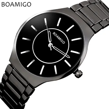 homens relógios de quartzo do aço de negócios relógios BOAMIGO moda casual, vestido de preto, pulseira de presente de relógio de pulso, Relógio Masculino