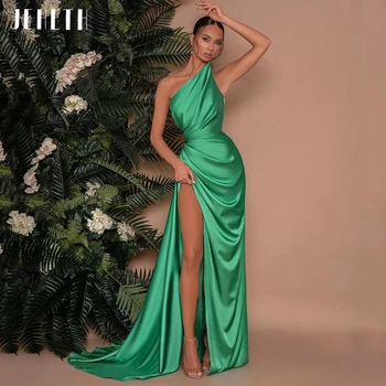 JEHETH Verde Simples de Um Ombro Cetim Vestido de Noite do Lado de Alta Dividir Celebridade Formal, Baile, Vestidos de Trem de Varredura vestes de soirée