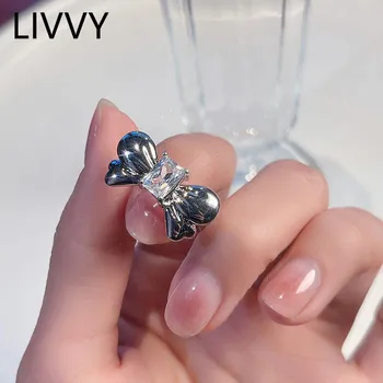LIVVY Cor Prata Nova Moda Bowknot Geométricas Espumante Zircão Anéis para as Mulheres Noiva Jóias Acessórios de Festa Dons