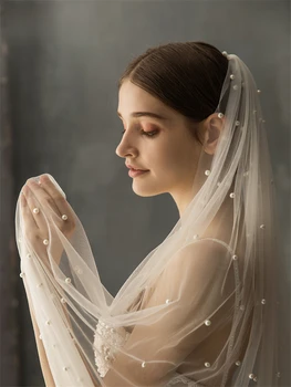 Longo Branco/Marfim Véu de Noiva, Com Pente de Uma Camada de Comprimento Catedral Com Pérolas Velos de Noiva de Casamento de Luxo Véu 75-500cm