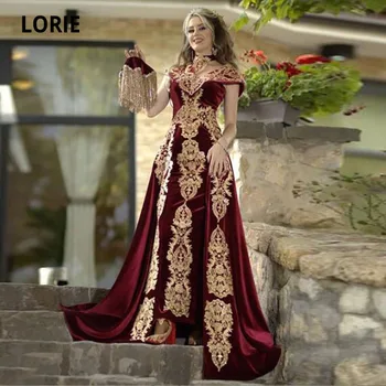 LORIE Borgonha Vestido de Noite com Saia Destacável Apliques Caftan Marocain Robe De Reveillon de Veludo Mulheres Vestidos de Festa de Formatura