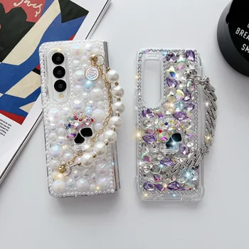 Luxo Colorido Diamante Crânio Caso de Telefone Para Samsung Galaxy Z Dobre 4 3 5G de Strass, Pérola Tampa Com Cristal Pulseira de Corda