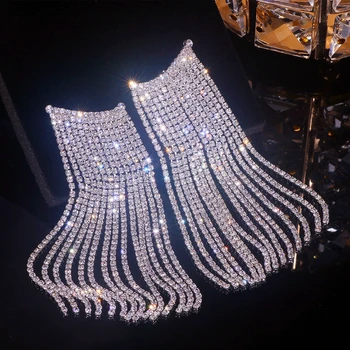 Luxo Strass Longa Borla Dangle Brincos para Mulheres de Casamento Brincos Jóias Vestido de Noite de Cristal Brincos Acessórios