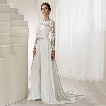 Macacão de Vestidos de Casamento do Laço Com o Trem Destacável Mangas compridas O-Pescoço Formal de Branco Vestidos de Noiva Frisado vestidos de noiva 2021