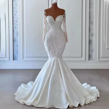 Marfim Vestido de Noiva de Luxo Applique Sheer Tule Pescoço Sereia Vestidos de Casamento para a Noiva Longo Mangas de Cetim Vestidos de Noiva Elegante