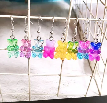 Moda Engraçado Cute Mini Glitter Gummy Bear Dangly Brincos Popular Adorável Animal De Arco-Íris Urso Dangle Brincos De Candy Color