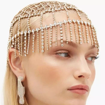 Moda oco strass cabeça cadeia de casamento headwear noiva crystal cabeça de cabelo cadeia feminina de borla design frontal da testa