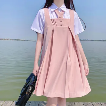 Mulheres de Longa Plissada Pinafore Vestido de Verão cor-de-Rosa Estudantes Japoneses Menina JK Vestido Escola Senhora de Outono sem Mangas do Uniforme